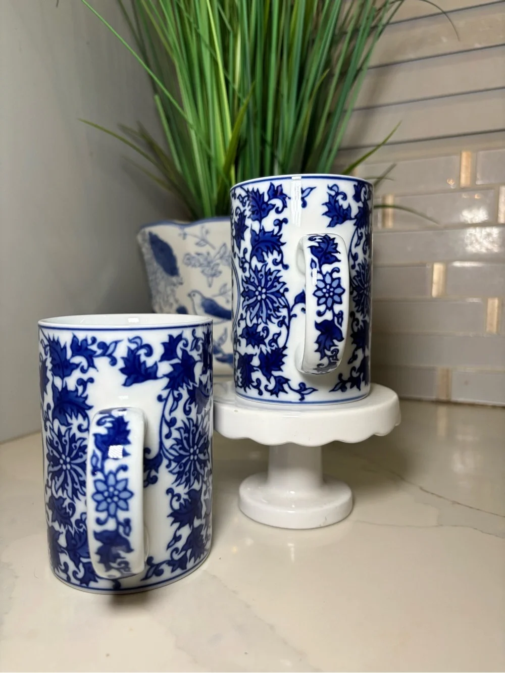 Pier 1 Imports Blue and White Porcelain Happiness Mugs – Elegant Chinoiserie Cup